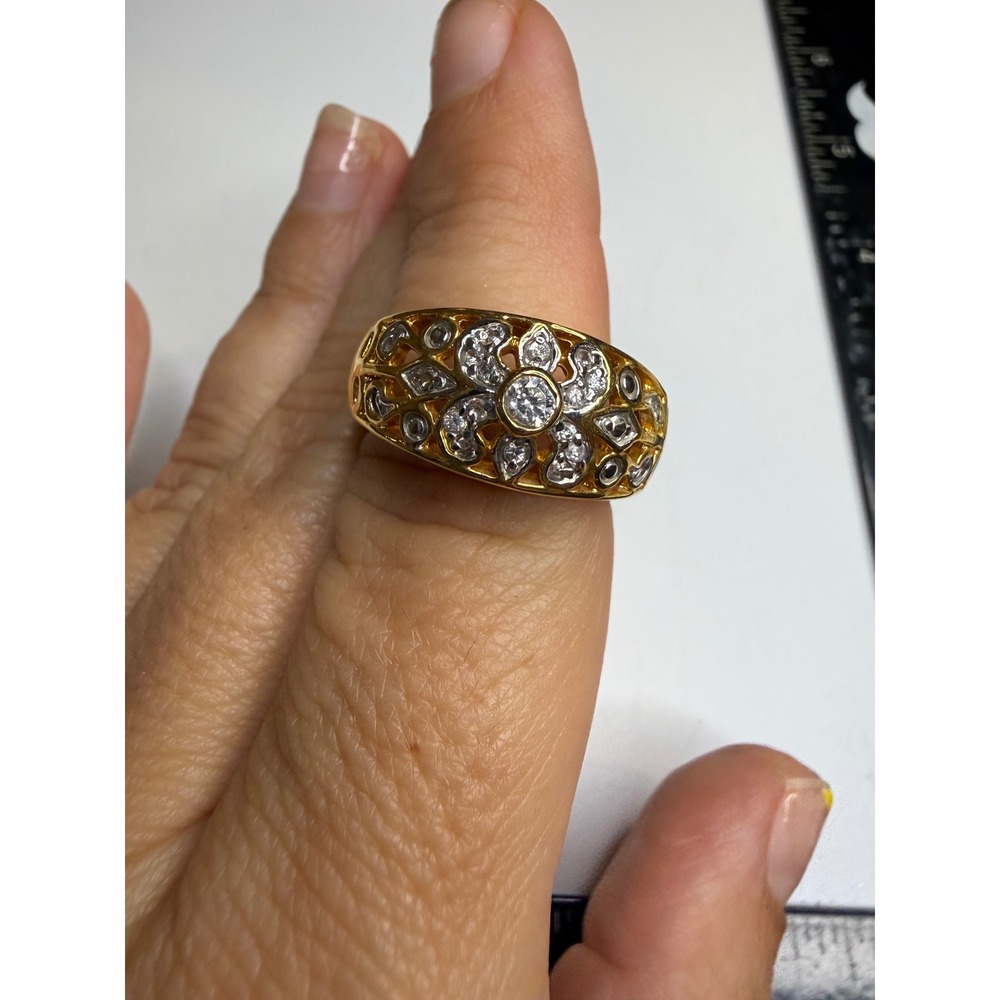 Gold Tone Floral Filigree Crystal Statement Cocktail Ring Size 9